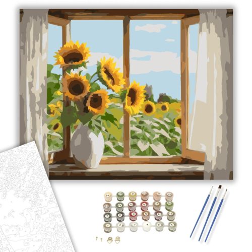 Napraforgók az Ablakban - számfestő készlet - Számfestő.hu - 40×50cm - keretre feszítve
