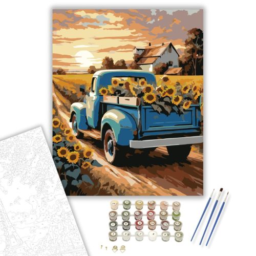 Napraforgókkal Teli Vintage Teherautó - számfestő készlet - Számfestő.hu - 40×50cm - keretre feszítve