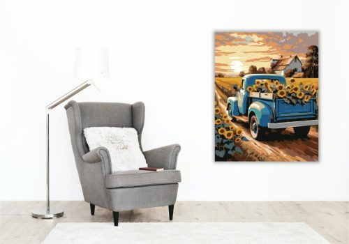Napraforgókkal Teli Vintage Teherautó - számfestő készlet - Számfestő.hu - 40×50cm - keretre feszítve