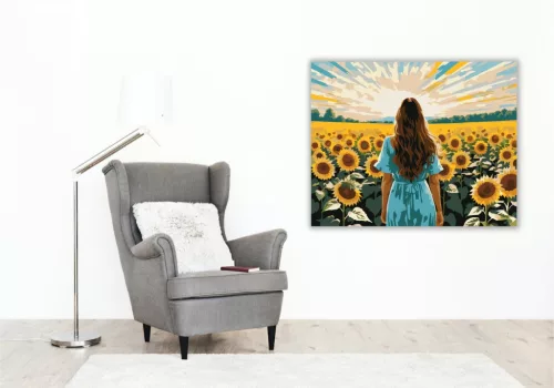 Napraforgó Mező Nővel - számfestő készlet - Számfestő.hu - 60×70cm - keret nélkül