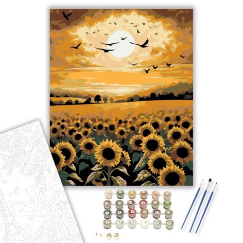 Napraforgó Mező és Madarak - számfestő készlet - Számfestő.hu - 80×100cm - keretre feszítve