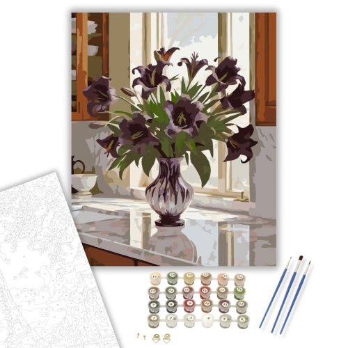 Lila Liliomok Kristályvázában - számfestő készlet - Számfestő.hu - 80×100cm - keret nélkül