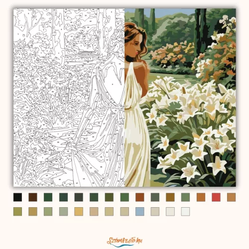 Fehér Liliomok Kertjében - számfestő készlet - Számfestő.hu - 40×50cm - Keretre feszítve