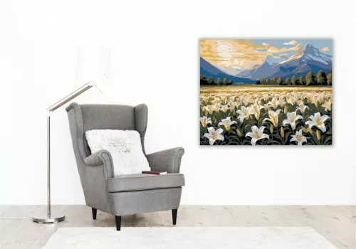 Hegyi Táj Fehér Liliomokkal - számfestő készlet - Számfestő.hu - 40×50cm - keret nélkül