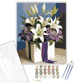 Fehér és Lila Liliomok Ajándékdobozban - számfestő készlet - Számfestő.hu - 40×50cm - keret nélkül