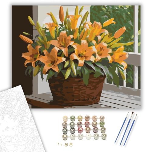 Narancssárga és Sárga Liliomok Kosárban - számfestő készlet - Számfestő.hu - 40×50cm - keret nélkül