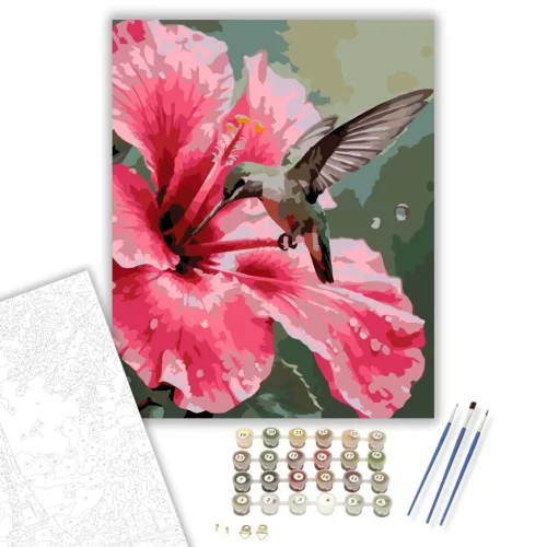 Rózsaszín Hibiszkusz és Kolibri - számfestő készlet - Számfestő.hu - 60×70cm - keretre feszítve