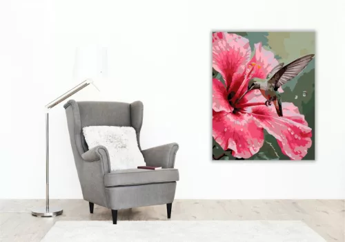 Rózsaszín Hibiszkusz és Kolibri - számfestő készlet - Számfestő.hu - 50×60cm - keretre feszítve