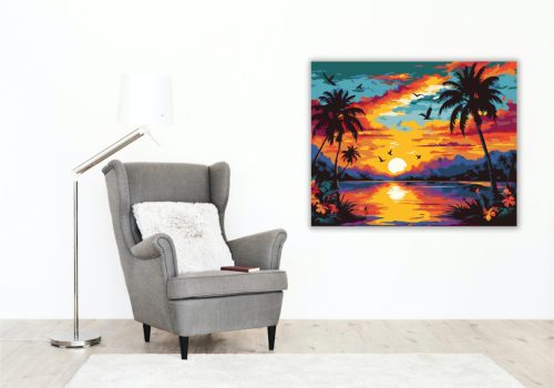 Trópusi Naplemente Pálmafákkal - számfestő készlet - Számfestő.hu - 40×50cm - keret nélkül