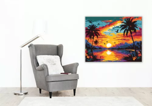 Trópusi Naplemente Pálmafákkal - számfestő készlet - Számfestő.hu - 80×100cm - keret nélkül