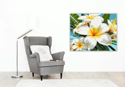 Trópusi Plumeria Virágok - számfestő készlet - Számfestő.hu - 50×60cm - keretre feszítve