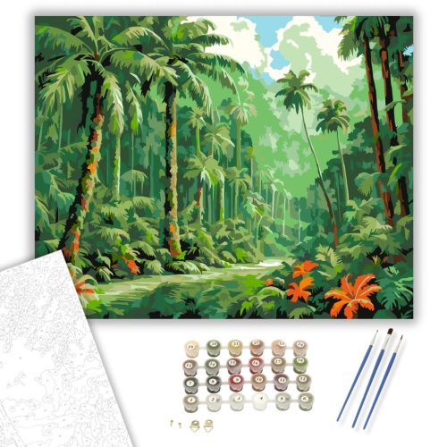 Trópusi Esőerdő Pálmafákkal - számfestő készlet - Számfestő.hu - 80×100cm - keretre feszítve