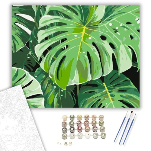 Monstera és Banánlevelek - számfestő készlet - Számfestő.hu - 60×70cm - keretre feszítve