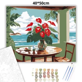 Anthuriumok és Monstera Levelek Tengerparti Kilátással - számfestő készlet - Számfestő.hu - 40×50cm - Keret nélkül