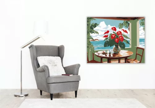 Anthuriumok és Monstera Levelek Tengerparti Kilátással - számfestő készlet - Számfestő.hu - 40×50cm - keret nélkül