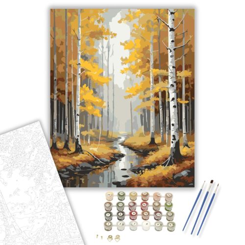 Őszi Nyírerdő Patakkal - számfestő készlet - Számfestő.hu - 40×50cm - keret nélkül