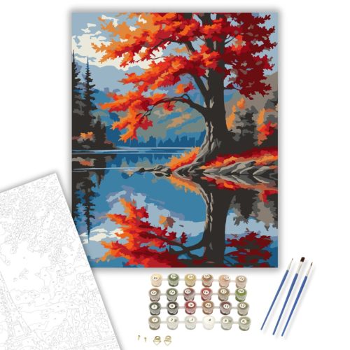 Magányos Juhar az Őszi Tóparton - számfestő készlet - Számfestő.hu - 40×50cm - keret nélkül