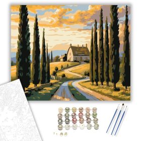 Ciprusokkal Szegélyezett Vidéki Út - számfestő készlet - Számfestő.hu - 40×50cm - keret nélkül