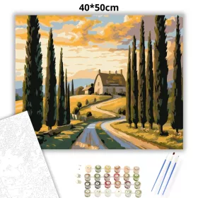 Ciprusokkal Szegélyezett Vidéki Út - számfestő készlet - Számfestő.hu - 40×50cm - Keret nélkül