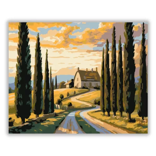 Ciprusokkal Szegélyezett Vidéki Út - számfestő készlet - Számfestő.hu - 40×50cm - Keret nélkül