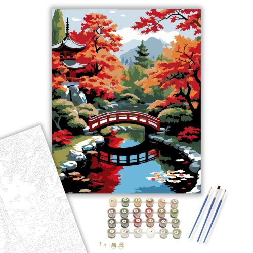 Japánkert Piros Híddal és Őszi Lombozattal - számfestő készlet - Számfestő.hu - 60×70cm - keret nélkül