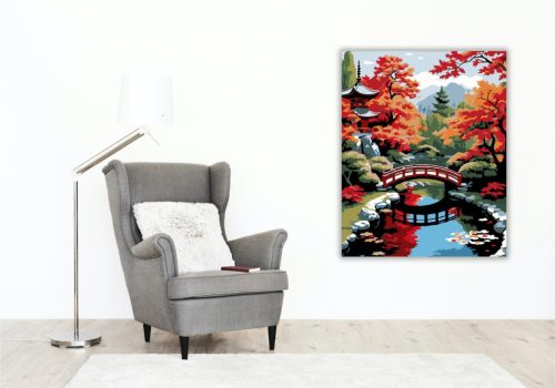 Japánkert Piros Híddal és Őszi Lombozattal - számfestő készlet - Számfestő.hu - 80×100cm - keret nélkül