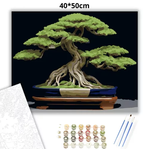 Bonsai Fa Kék Edényben - számfestő készlet - Számfestő.hu - 40×50cm - Keretre feszítve