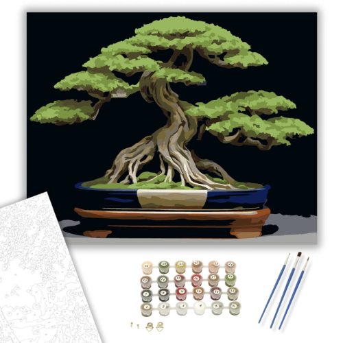 Bonsai Fa Kék Edényben - számfestő készlet - Számfestő.hu - 50×60cm - keret nélkül