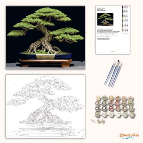 Bonsai Fa Kék Edényben - számfestő készlet - Számfestő.hu - 40×50cm - Keretre feszítve