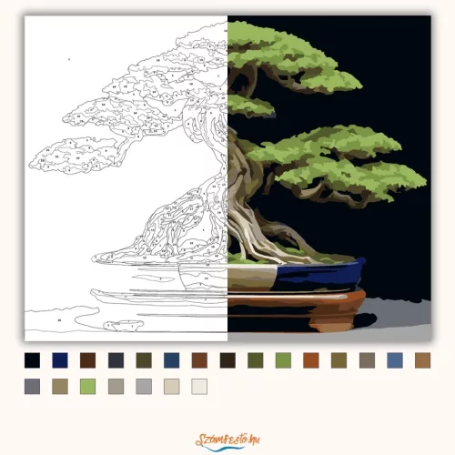 Bonsai Fa Kék Edényben - számfestő készlet - Számfestő.hu - 40×50cm - Keret nélkül