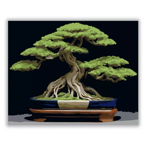 Bonsai Fa Kék Edényben - számfestő készlet - Számfestő.hu - 40×50cm - Keretre feszítve