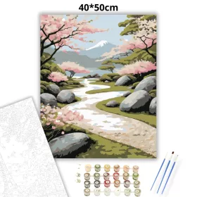 Cseresznyefák és Kőösvény Japánkertben - számfestő készlet - Számfestő.hu - 40×50cm - Keret nélkül