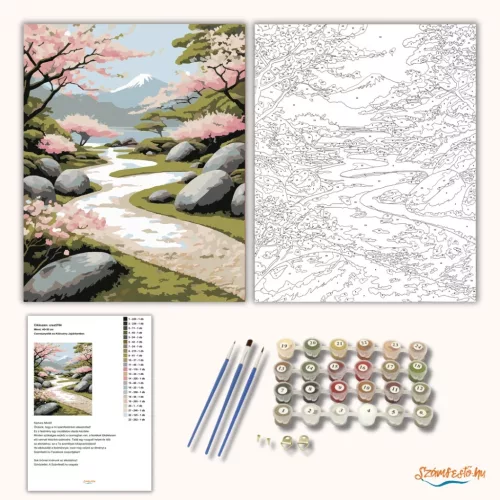 Cseresznyefák és Kőösvény Japánkertben - számfestő készlet - Számfestő.hu - 40×50cm - Keret nélkül