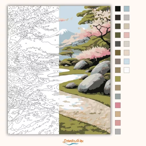 Cseresznyefák és Kőösvény Japánkertben - számfestő készlet - Számfestő.hu - 40×50cm - Keretre feszítve