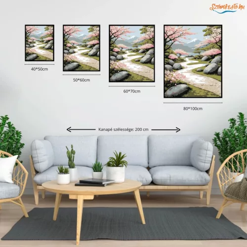 Cseresznyefák és Kőösvény Japánkertben - számfestő készlet - Számfestő.hu - 40×50cm - Keretre feszítve
