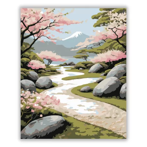 Cseresznyefák és Kőösvény Japánkertben - számfestő készlet - Számfestő.hu - 40×50cm - Keretre feszítve