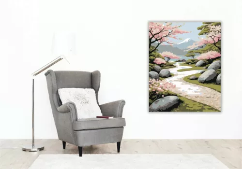 Cseresznyefák és Kőösvény Japánkertben - számfestő készlet - Számfestő.hu - 40×50cm - Keretre feszítve