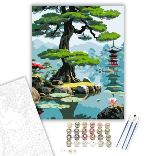 Ősi Fenyő és Lotuszok Japánkertben - számfestő készlet - Számfestő.hu - 40×50cm - keretre feszítve