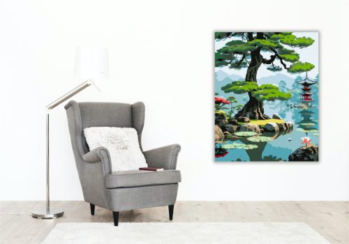 Ősi Fenyő és Lotuszok Japánkertben - számfestő készlet - Számfestő.hu - 50×60cm - keret nélkül
