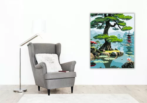 Ősi Fenyő és Lotuszok Japánkertben - számfestő készlet - Számfestő.hu - 50×60cm - keretre feszítve
