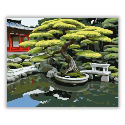 Bonsai Fa Koi Tóval a Japánkertben - számfestő készlet - Számfestő.hu - 40×50cm - Keret nélkül