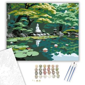 Japánkert Buddha Szoborral és Tavi Rózsákkal - számfestő készlet - Számfestő.hu - 40×50cm - keret nélkül