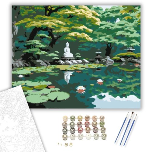 Japánkert Buddha Szoborral és Tavi Rózsákkal - számfestő készlet - Számfestő.hu - 40×50cm - keret nélkül