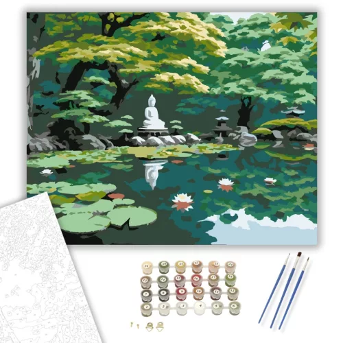 Japánkert Buddha Szoborral és Tavi Rózsákkal - számfestő készlet - Számfestő.hu - 40×50cm - keretre feszítve
