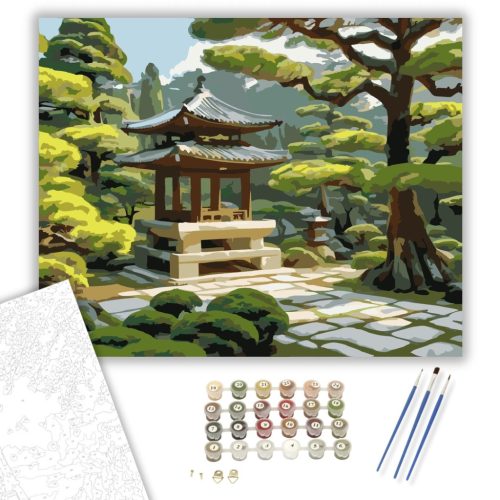 Japánkert Pagodával és Fenyőkkel - számfestő készlet - Számfestő.hu - 40×50cm - keretre feszítve