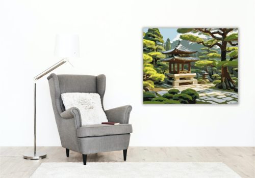Japánkert Pagodával és Fenyőkkel - számfestő készlet - Számfestő.hu - 40×50cm - keretre feszítve