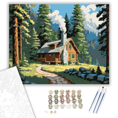 Erdei Házikó Fenyvesben - számfestő készlet - Számfestő.hu - 50×60cm - keretre feszítve