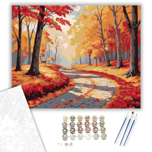 Őszi Erdő Kanyargó Ösvénnyel - számfestő készlet - Számfestő.hu - 40×50cm - keretre feszítve