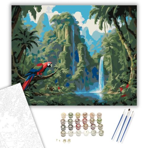 Trópusi Esőerdő Színpompás Papagájokkal - számfestő készlet - Számfestő.hu - 40×50cm - keret nélkül