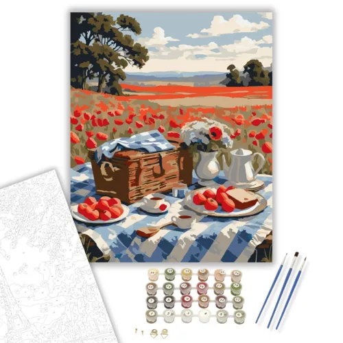 Romantikus Piknik Pipacsmezőn - számfestő készlet - Számfestő.hu - 50×60cm - keretre feszítve